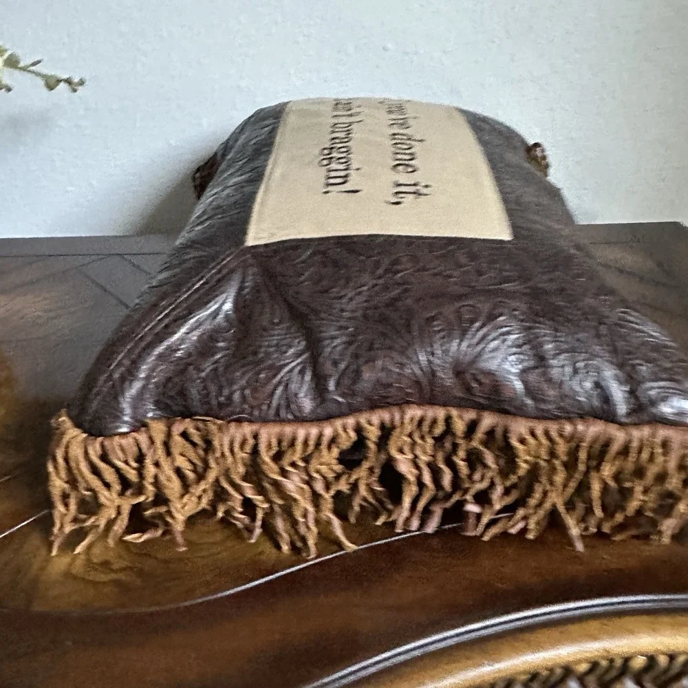 Double D Ranch Home Accent Pillow 18x12 Inch Tooled Leather Fringe USA Humor